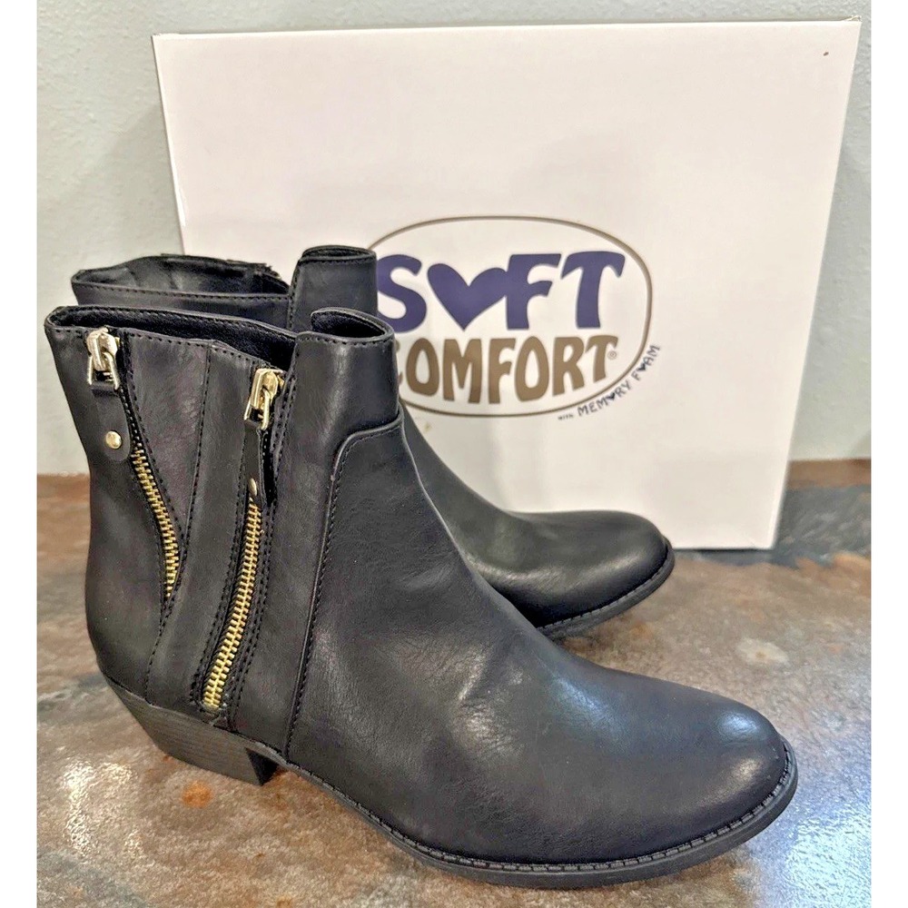 NIB Soft Comfort Heartbreaker Womens 9M Black Leather Dual Zip Ankle Boots